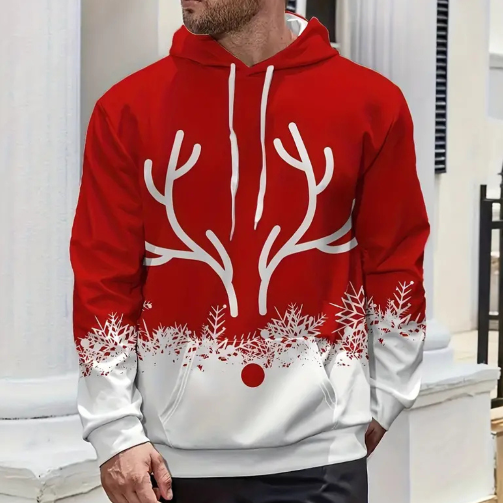 Rode kersttrui met rendiergewei en sneeuwvlokken, ideaal voor feestdagen. Comfortabele hoodie voor heren, perfect voor winterse gezelligheid.