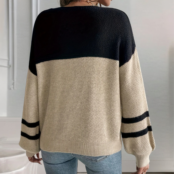 Damestrui met lange mouwen, zwart-beige kleurblok, gebreid patroon, casual stijl, perfect voor herfstmode, comfortabele pasvorm.