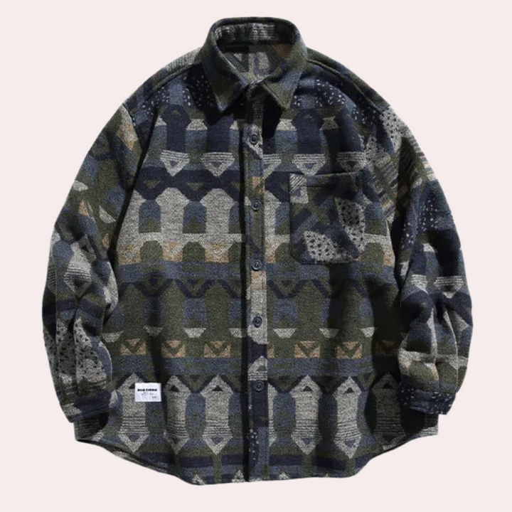 Vintage stijl herenflanellen overhemd met geometrisch patroon, lange mouwen en knoopsluiting. Perfect voor casual herfst- en wintermode.