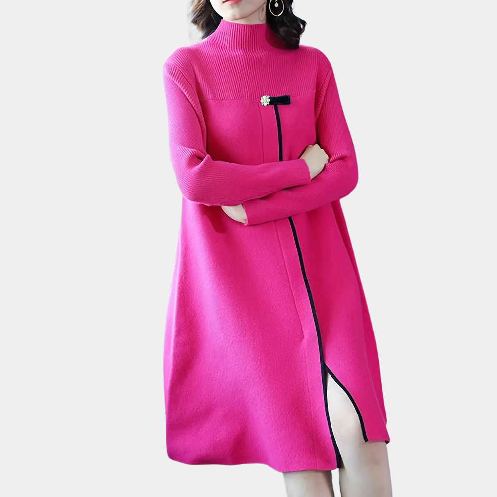Roze wollen jurk met hoge hals en ritssluiting, lange mouwen, elegante damesmode, geschikt voor herfst en winter, trendy kledingstijl.