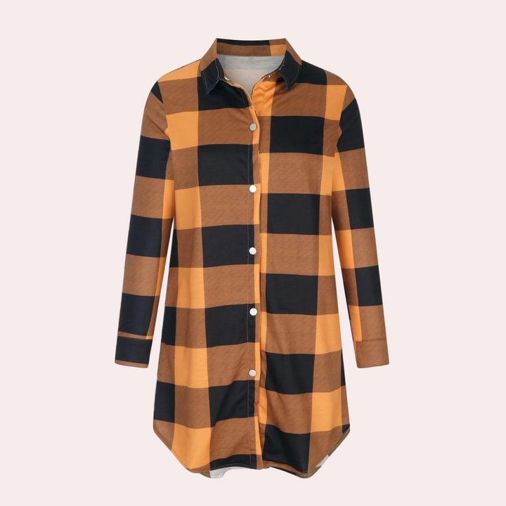 Oranje-zwart geruite damesblouse met lange mouwen en knoopsluiting, casual en modieus, perfect voor herfst- en winteroutfits.