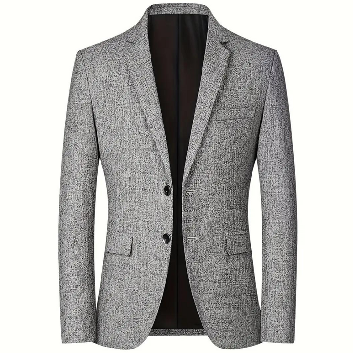 Grijze herenblazer met twee knopen, klassieke revers en zakken. Stijlvolle zakelijke outfit, geschikt voor formele gelegenheden en kantoor.