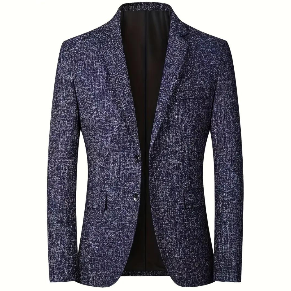 Blauwe herenblazer met textuur, twee knopen en smalle revers. Perfect voor formele gelegenheden. Stijlvolle en moderne pasvorm.
