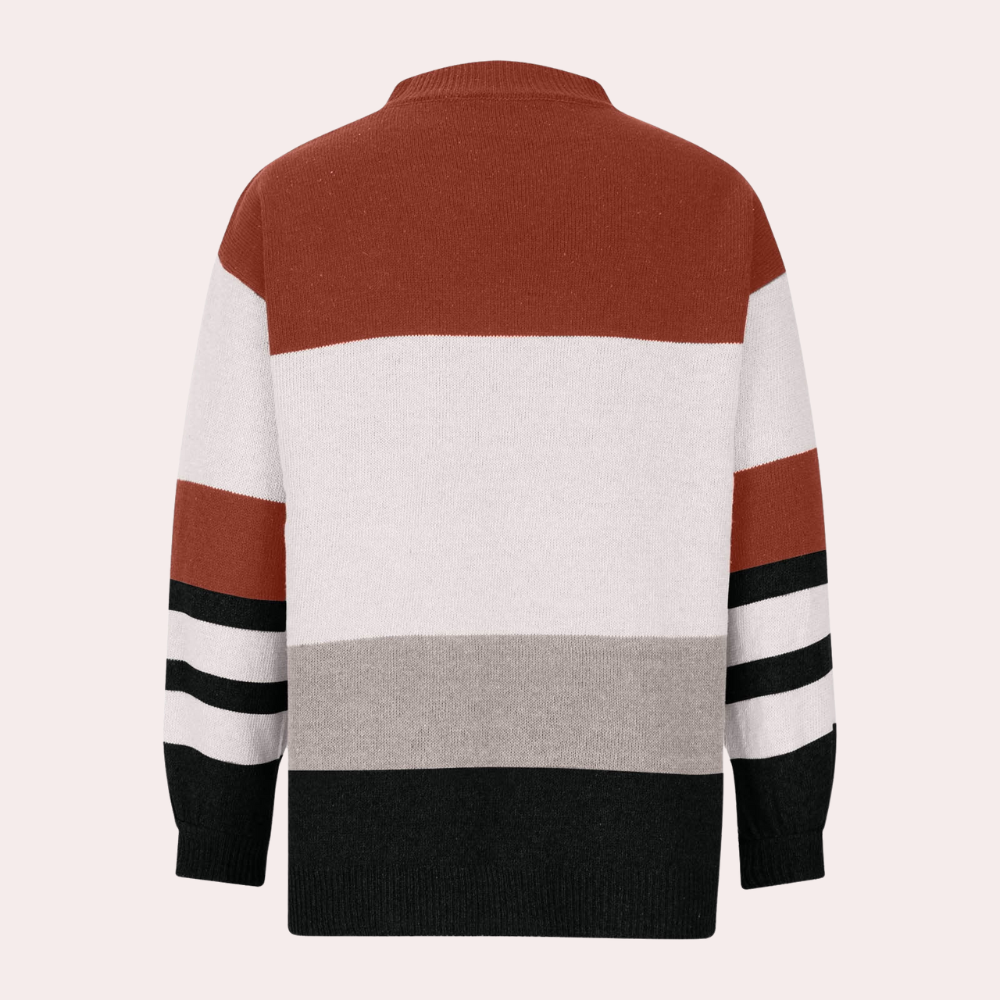 Gestreepte trui voor heren, rood-wit-grijs-zwart, gebreid, lange mouwen, casual wintermode, comfortabele pasvorm, trendy herenkleding.