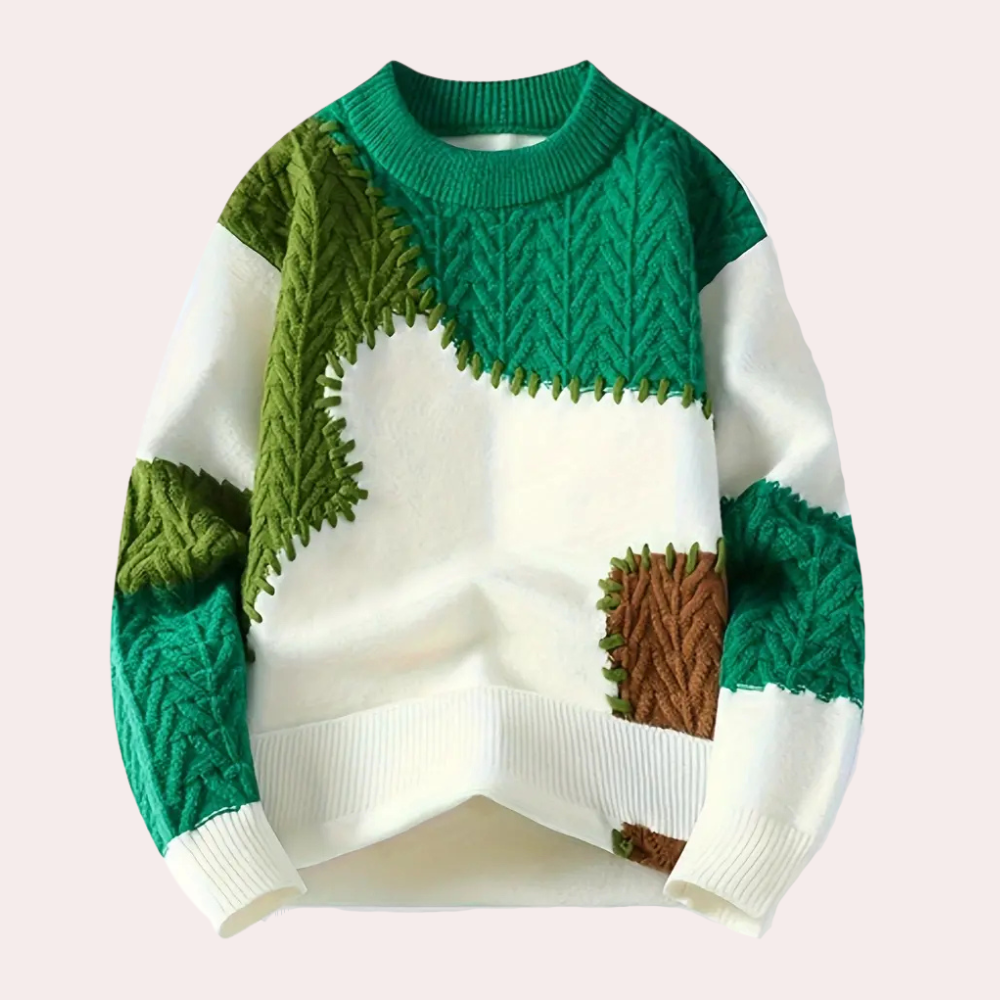 Groene en witte gebreide trui met patchwork design, ronde hals en lange mouwen. Modieuze herentrui, winterkleding, comfortabele pasvorm.