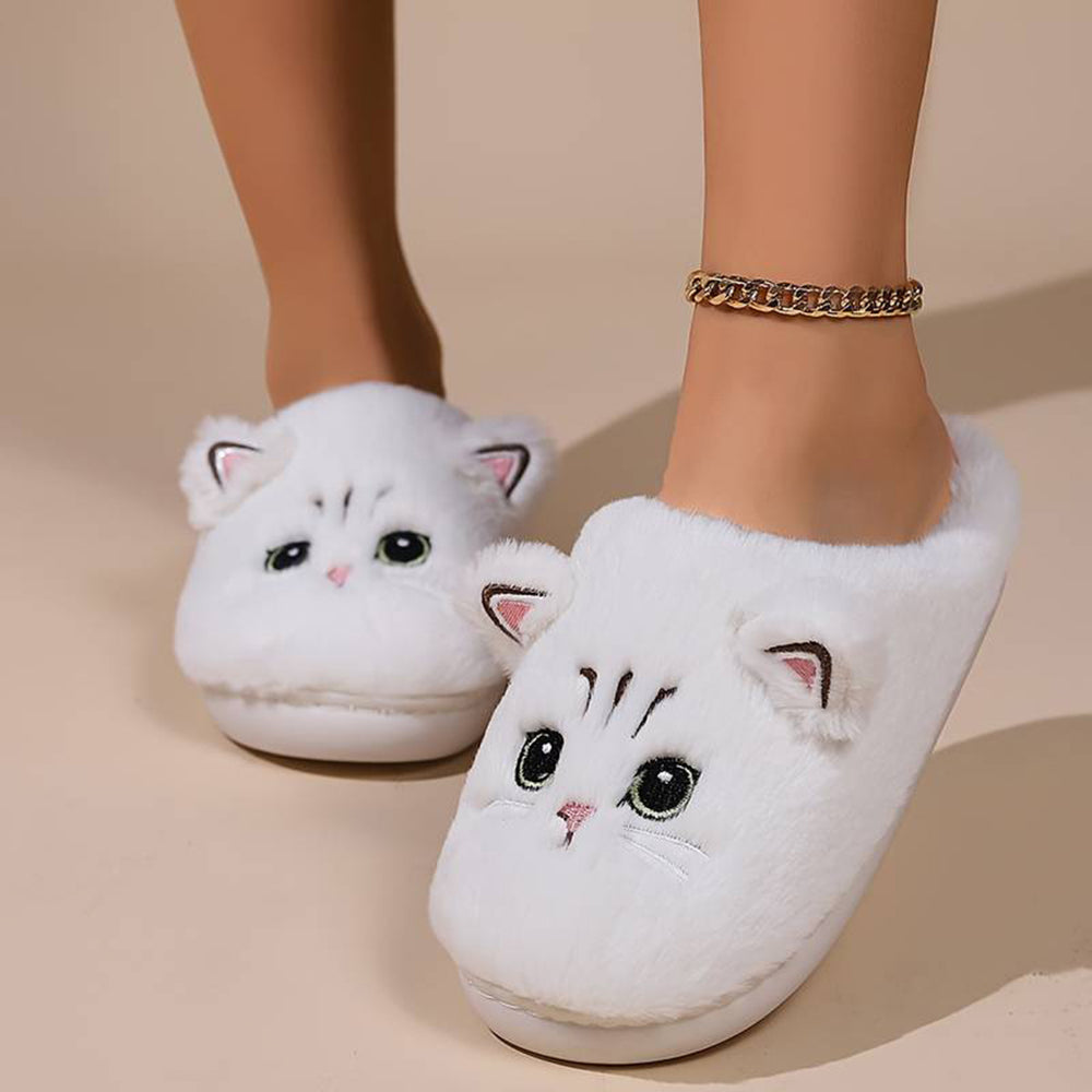 Witte kattenpantoffels met schattig kattengezicht, warme pluche sloffen voor dames, comfortabele huisschoenen, perfect voor koude dagen.