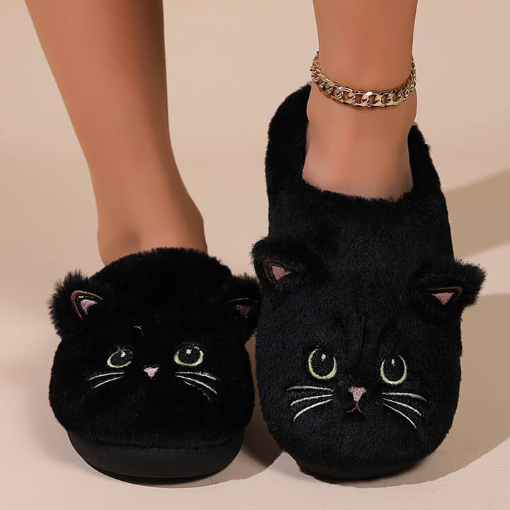 Zwarte kattenpantoffels met schattige kattengezichtjes, warme pluche stof, comfortabele dameshuisschoenen, perfect voor koude winterdagen.