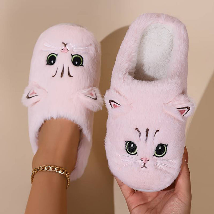 Roze kattenpantoffels voor dames, pluche en warm, met schattig kattengezicht en oren, perfect voor wintercomfort en gezelligheid thuis.