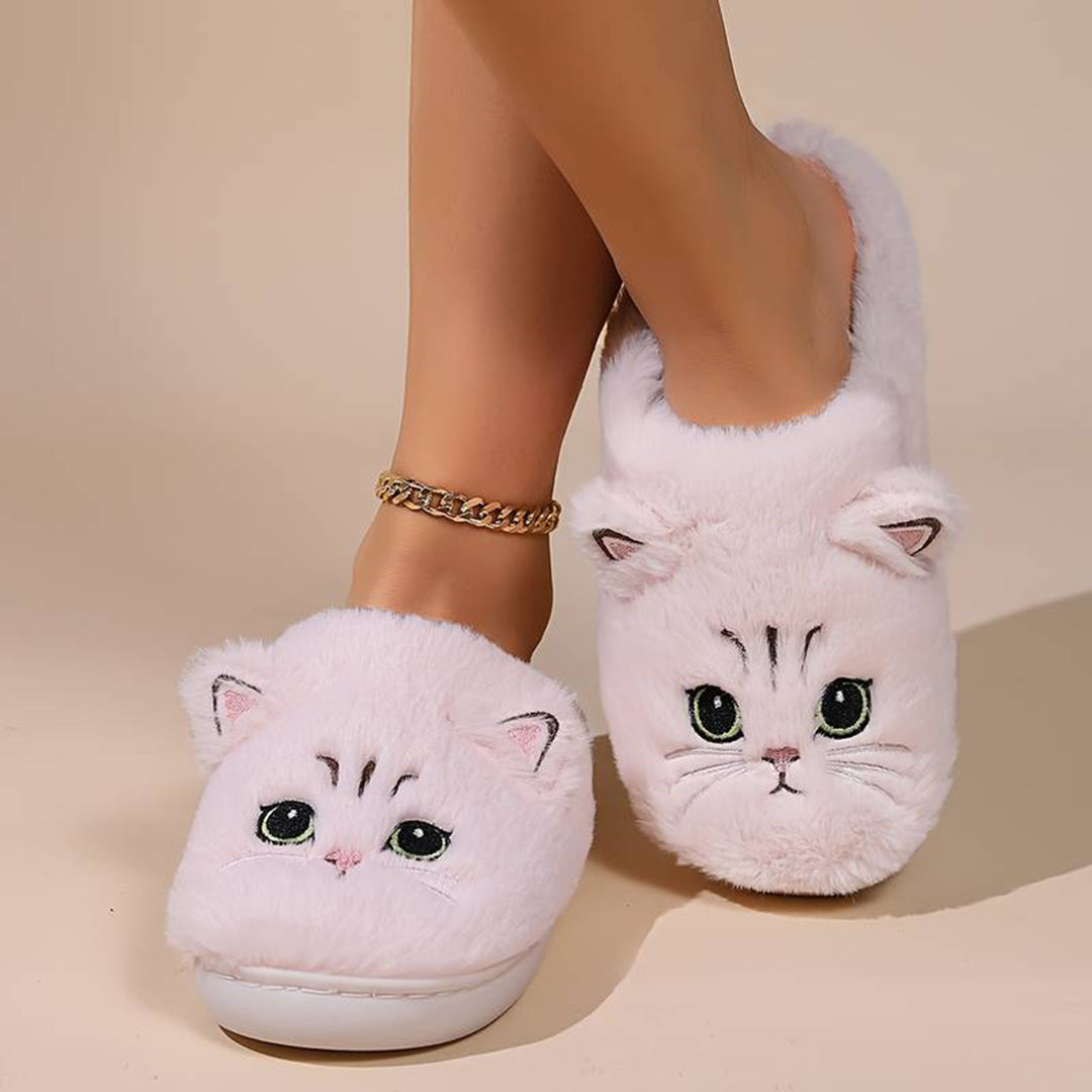 Roze kattenpantoffels met schattig kattengezicht, zachte pluche stof, comfortabele dameshuisschoenen, perfect voor binnengebruik.