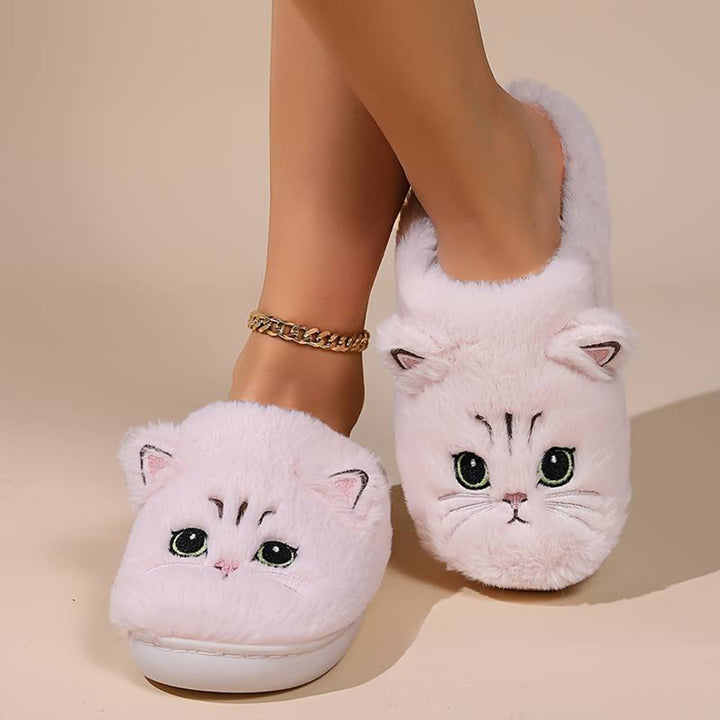 Roze kattenpantoffels met schattig kattengezicht, zachte pluche stof, comfortabele dameshuisschoenen, perfect voor binnengebruik.