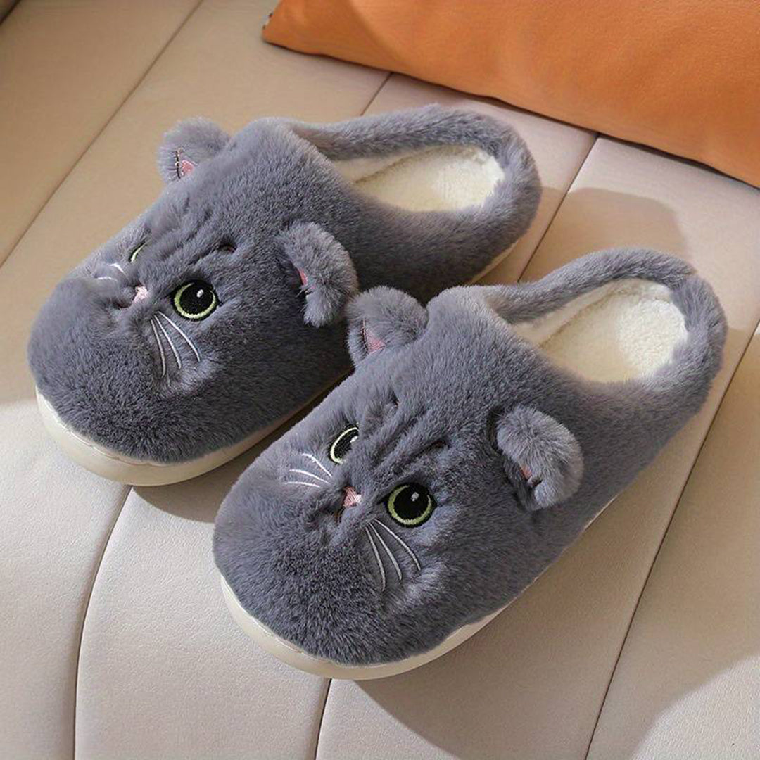 Grijze kattenpantoffels met schattig kattengezicht, pluche materiaal, warme voering, perfect voor winter, comfortabele huisschoenen voor dames.