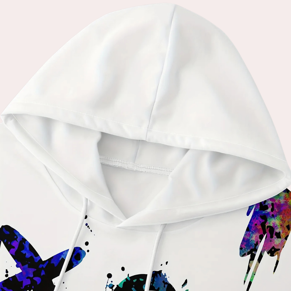 Witte hoodie met kleurrijke abstracte print, capuchon en trekkoorden. Stijlvolle streetwear, unisex mode, comfortabele pasvorm.