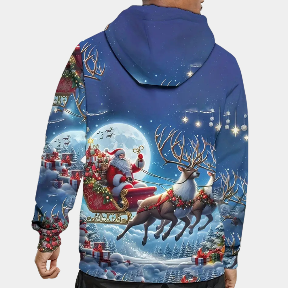 Kersttrui met kerstman op slee, rendieren en volle maan; kleurrijk winterontwerp, perfect voor feestdagen en kerstcadeaus.