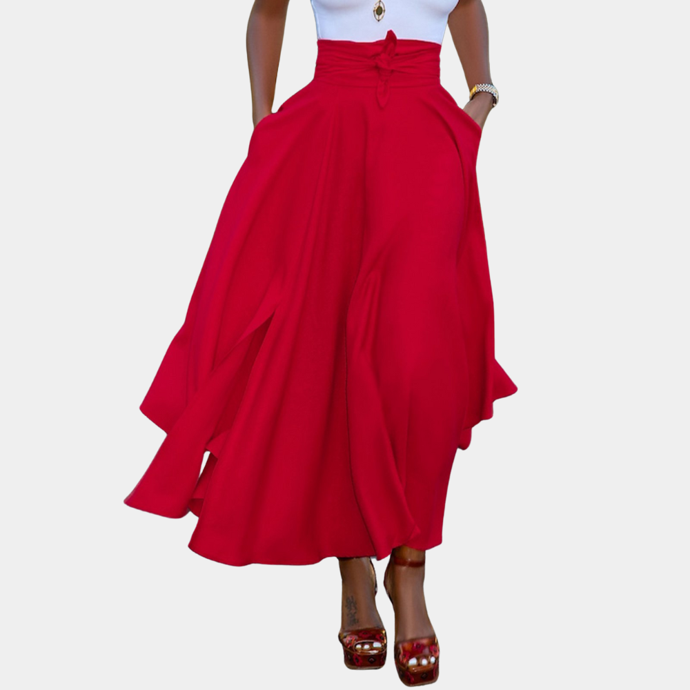 Elegante rode zomerrok voor dames, hoge taille, vloeiende stof, perfect voor casual en formele gelegenheden. Trendy damesmode, stijlvolle rokken.
