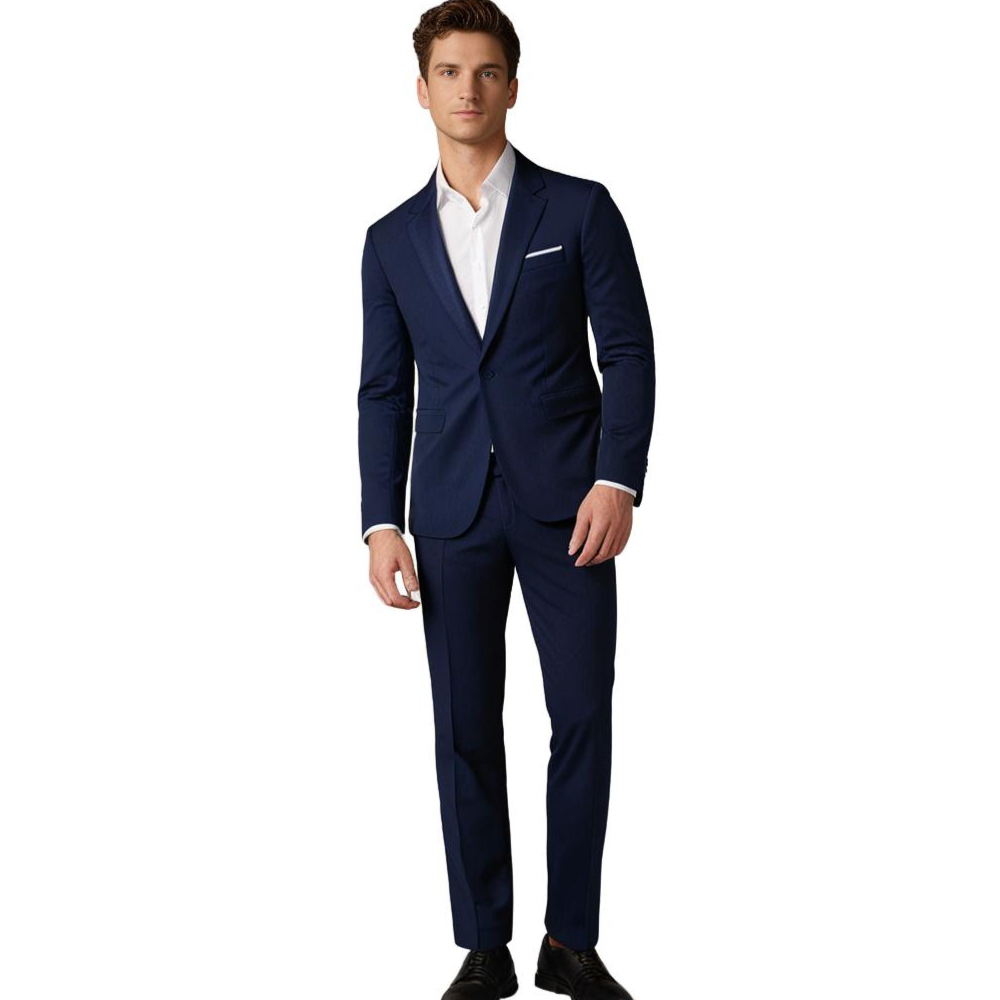 Man in blauw pak met witte overhemd, staand tegen witte achtergrond. Stijlvolle zakelijke kleding, geschikt voor formele gelegenheden.