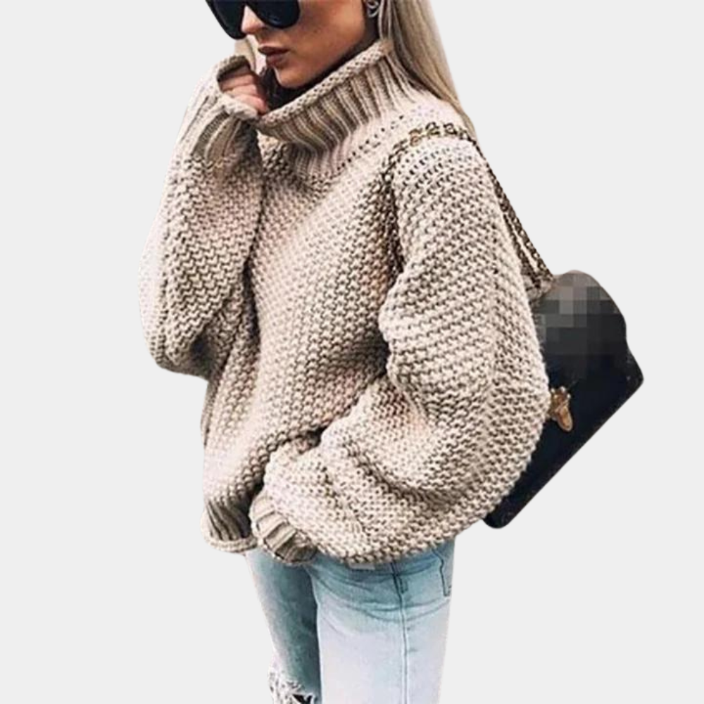 Warme damestrui met col, gebreid patroon, beige kleur. Perfect voor herfst en winter. Stijlvol en comfortabel, ideaal voor casual outfits.