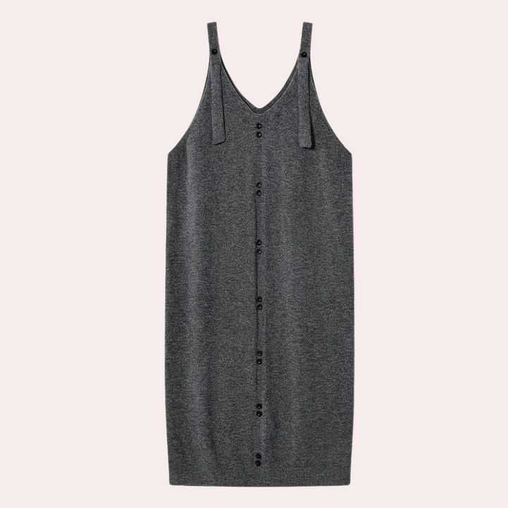 Grijze mouwloze damesjurk met knoopsluiting, V-hals en rechte pasvorm. Ideaal voor casual en formele gelegenheden. Comfortabele en stijlvolle outfit.