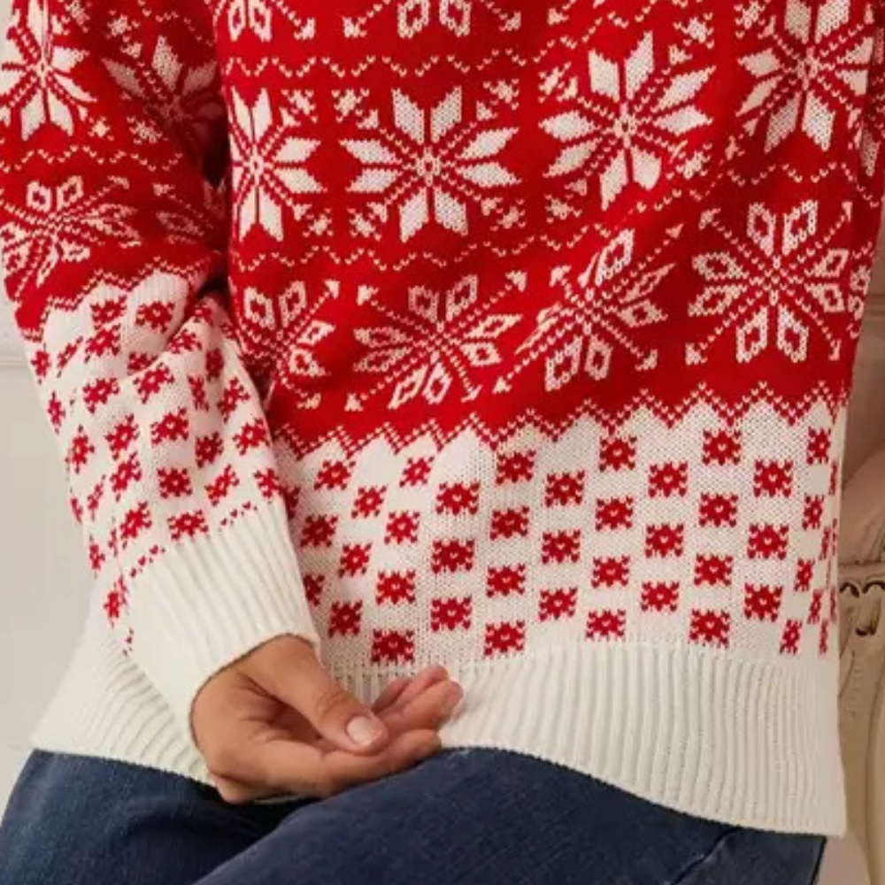 Rode kersttrui met witte sneeuwvlokpatronen, gebreid ontwerp, wintermode, feestelijke kleding, comfortabele casual outfit.