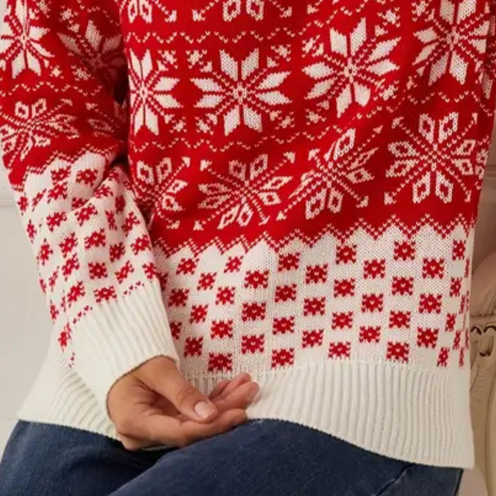 Rode kersttrui met witte sneeuwvlokpatronen, gebreid ontwerp, wintermode, feestelijke kleding, comfortabele casual outfit.