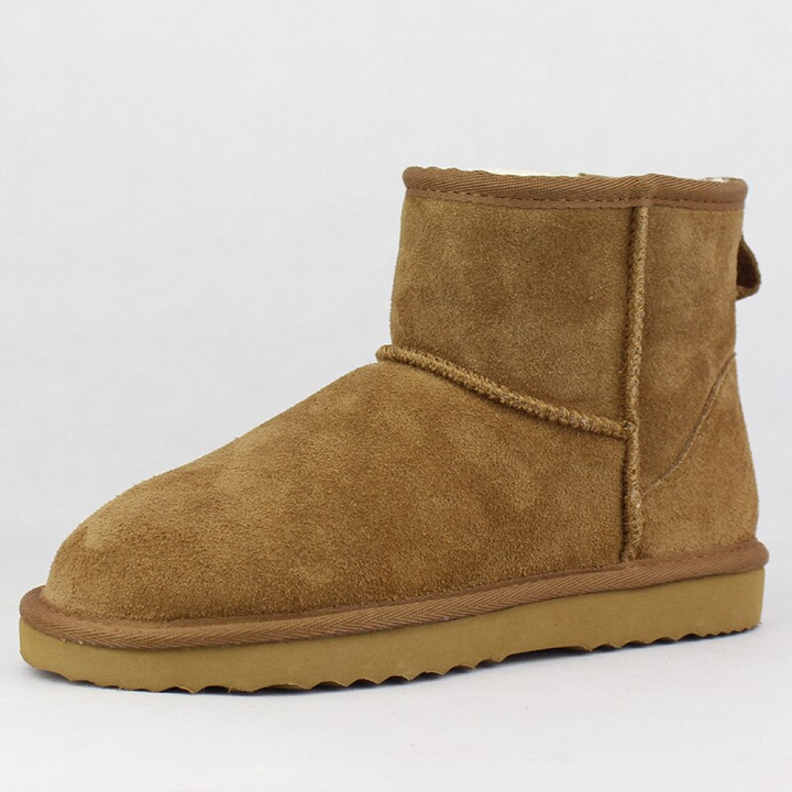 Bruine suède winterlaars met schapenvachtvoering, platte zool en enkelhoogte. Perfect voor koude seizoenen. Comfortabele en warme dameslaars.
