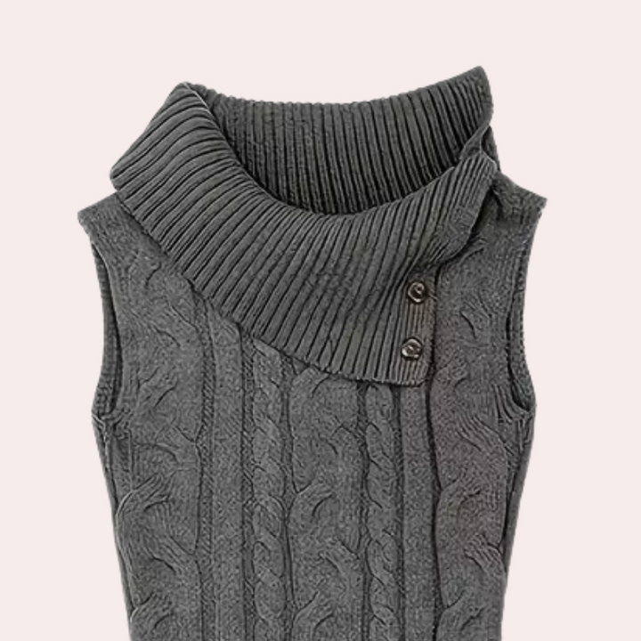 Grijze gebreide mouwloze trui met col en knopen, damesmode, winterkleding, stijlvolle casual outfit, warme en comfortabele stof.