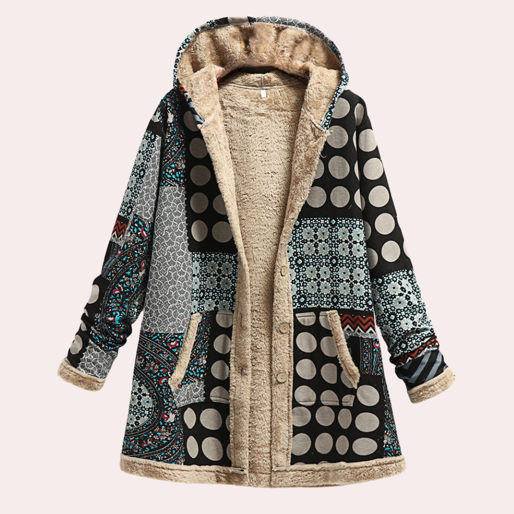 Patchwork damesjas met capuchon, boho stijl, fleece voering, geometrische patronen, knopen, warme winterjas, modetrend, comfortabele buitenkleding.