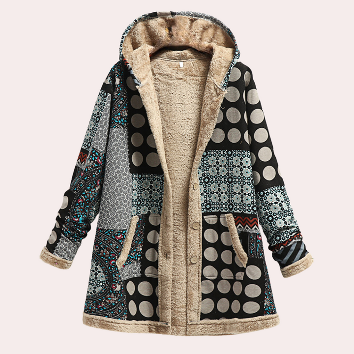Patchwork damesjas met capuchon, boho stijl, fleece voering, geometrische patronen, knopen, warme winterjas, modetrend, comfortabele buitenkleding.