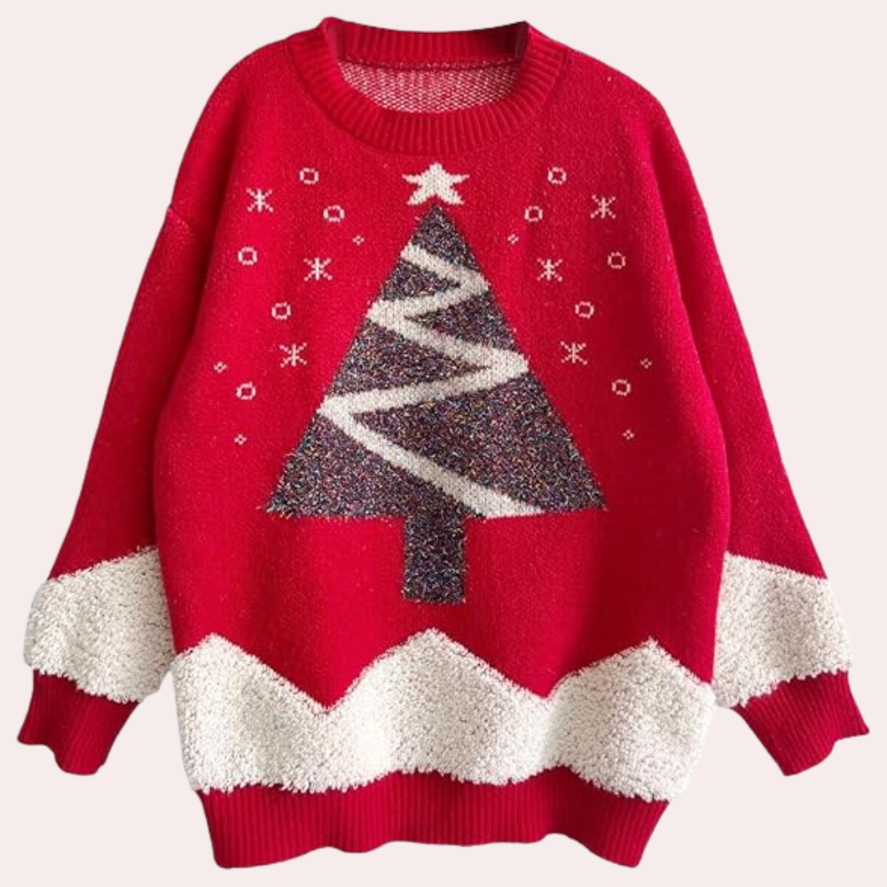 Rode kersttrui met kerstboomdesign, witte zigzagpatronen en sneeuwvlokken. Perfect voor feestdagen, warme winterkleding, unisex kerstmode.