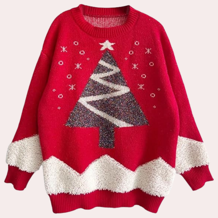 Rode kersttrui met kerstboomdesign, witte zigzagpatronen en sneeuwvlokken. Perfect voor feestdagen, warme winterkleding, unisex kerstmode.