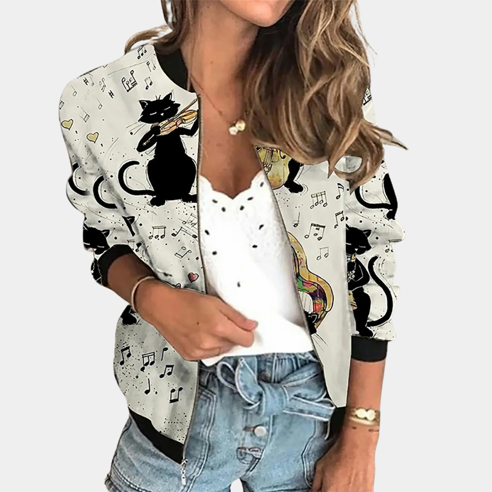Damesjas met kattenprint, muzieknoten en kleurrijke accenten. Trendy mode, casual stijl, ideaal voor dagelijks gebruik. Perfect voor kattenliefhebbers.