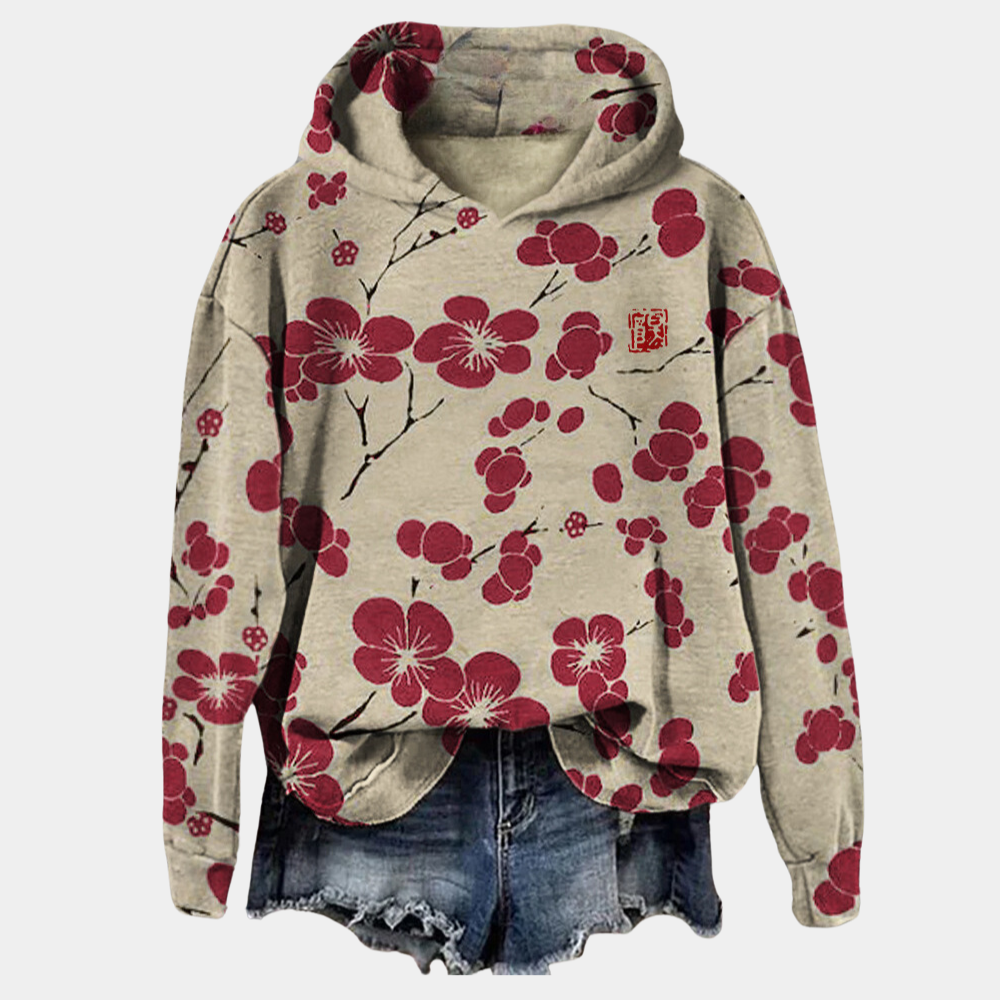 Beige hoodie met rode bloemenprint, casual stijl, lange mouwen, capuchon, ideaal voor damesmode, trendy en comfortabel.