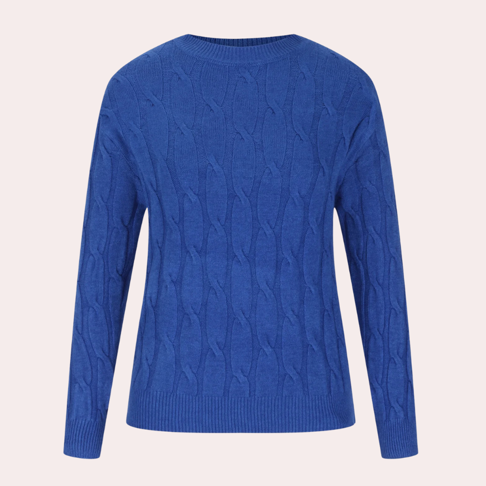 Blauwe kabeltrui voor dames, gebreid patroon, lange mouwen, ronde hals. Perfect voor herfst- en wintermode. Comfortabele en stijlvolle dameskleding.