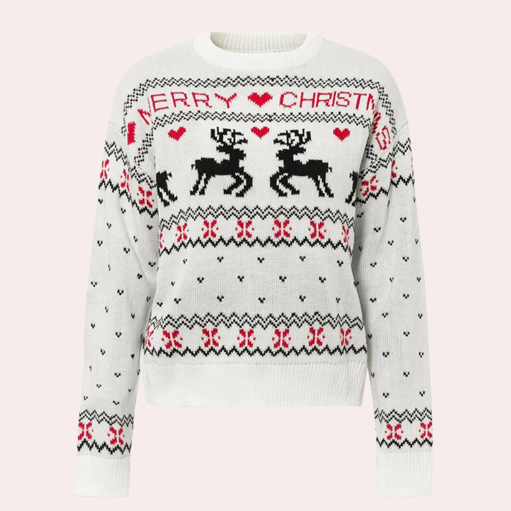 Witte kersttrui met rendieren en "Merry Christmas" tekst, rode en zwarte patronen, ideaal voor feestdagen, wintermode, warme kleding.