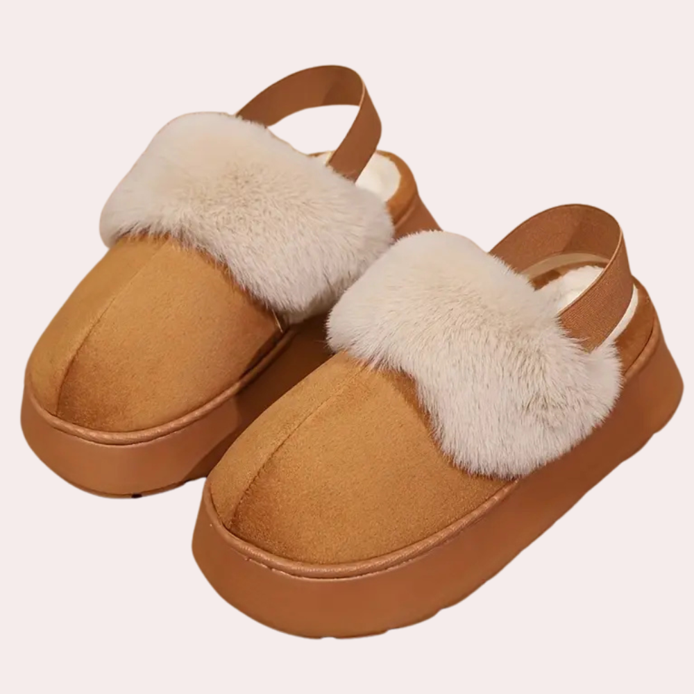 Bruine pantoffels met witte bontvoering en open hiel, comfortabele winterse huisschoenen, warme dames- en herenpantoffels, modieuze slipperstijl.