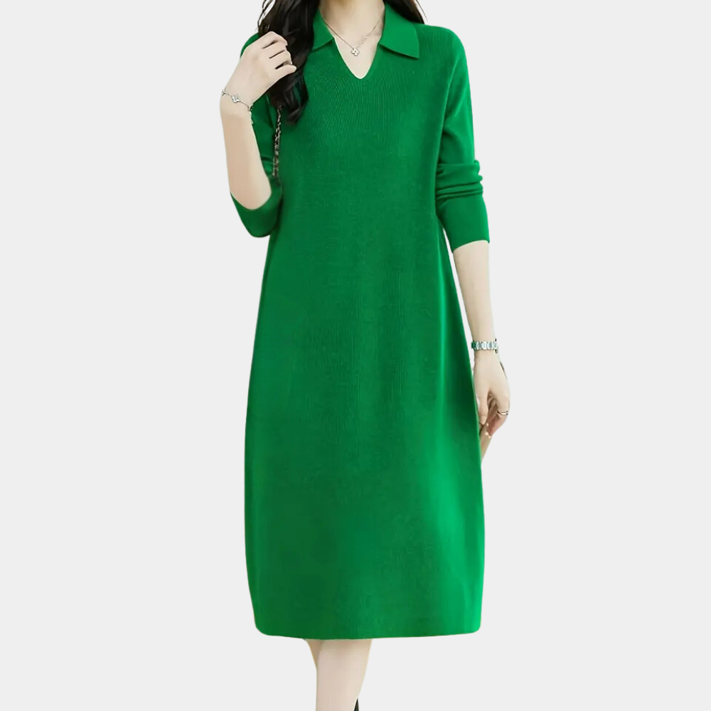 Groene damestrui jurk met lange mouwen en V-hals, casual en elegant ontwerp, perfect voor herfst- en wintermode. Comfortabele pasvorm.