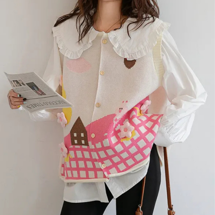 Vrouw draagt gebreide trui met kleurrijk landschapspatroon en witte blouse. Modieuze dameskleding, herfststijl, casual outfit.