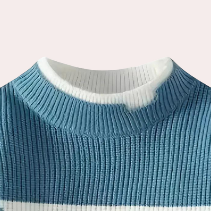 Blauwe geribbelde coltrui met witte kraag, modieuze dameskleding, herfst-winter stijl, comfortabele en stijlvolle trui voor dagelijks gebruik.