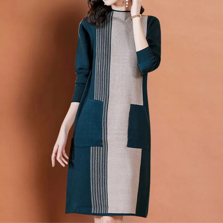 Elegante damesjurk met lange mouwen, contrasterende kleuren en zakken, perfect voor herfstmode. Stijlvolle kleding voor moderne vrouwen.