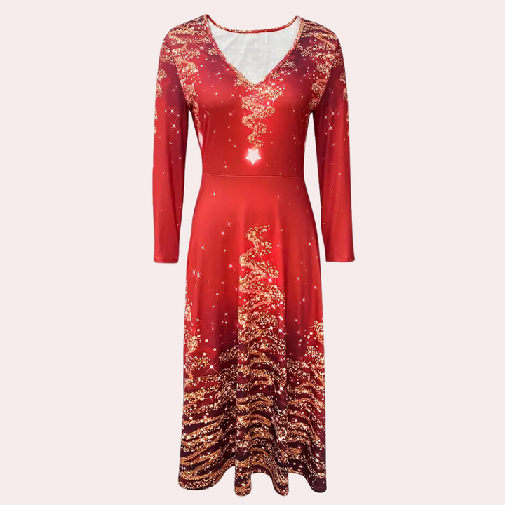 Rode lange jurk met lange mouwen, V-hals en sprankelend sterrenpatroon. Perfect voor feestelijke gelegenheden. Elegante damesmode.