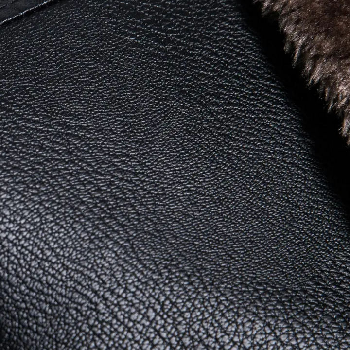 Zwart leren jas met bruine bontkraag, textuur close-up. Hoogwaardige mode, winterkleding, luxe materialen, stijlvolle jasdetails.