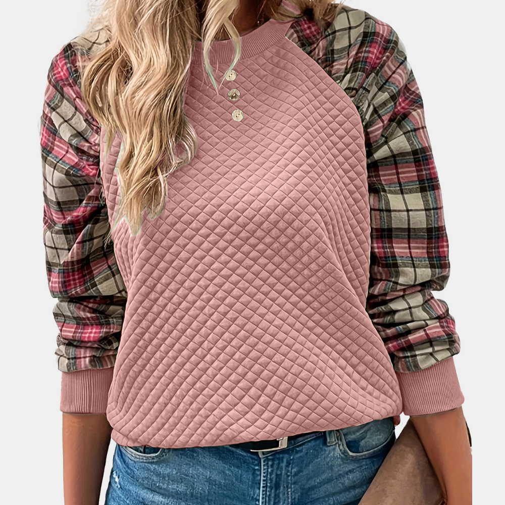 Damestrui met roze gewatteerd patroon en geruite mouwen, casual herfstmode, comfortabele en stijlvolle outfit, perfect voor dagelijks gebruik.