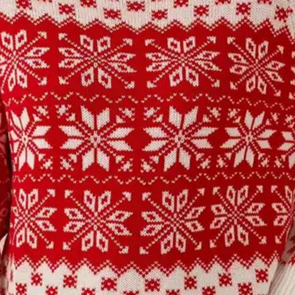 Rode kersttrui met witte sneeuwvlokpatronen, gebreid ontwerp, wintermode, feestelijke kleding, warme trui voor kerstmis.