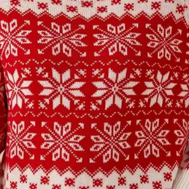 Rode kersttrui met witte sneeuwvlokpatronen, gebreid ontwerp, wintermode, feestelijke kleding, warme trui voor kerstmis.