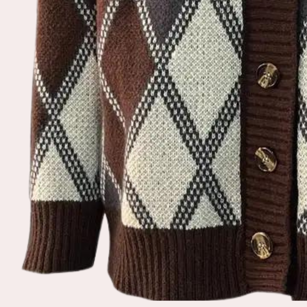 Bruin-witte argyle gebreide trui met knopen, retro stijl, damesmode, herfst-winter kleding, warme en stijlvolle outfit, casual chic.