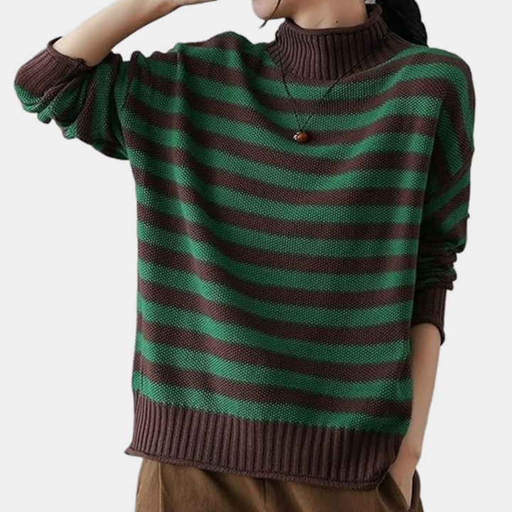Gestreepte trui damesmode, groen en bruin, coltrui, casual herfstkleding, comfortabele pasvorm, trendy dameskleding, modieuze outfit.
