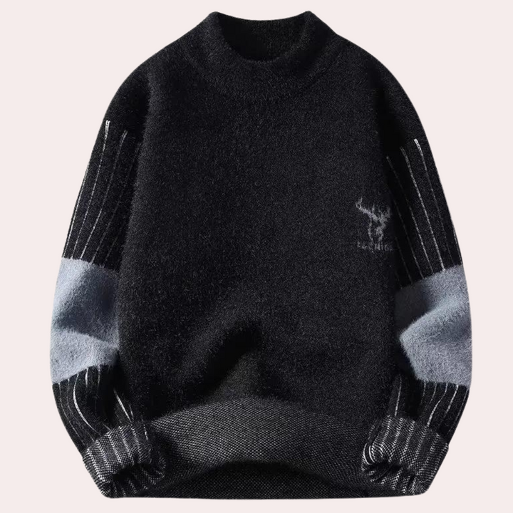 Zwarte wollen trui met grijze en blauwe strepen, ronde hals en subtiel hertendesign. Stijlvolle herentrui voor wintermode.