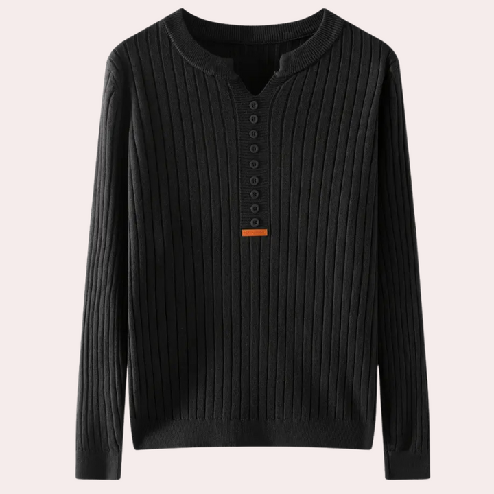 Zwarte geribbelde trui met knoopsluiting voor heren, lange mouwen, casual stijl, comfortabele pasvorm, perfect voor herfst- en wintermode.