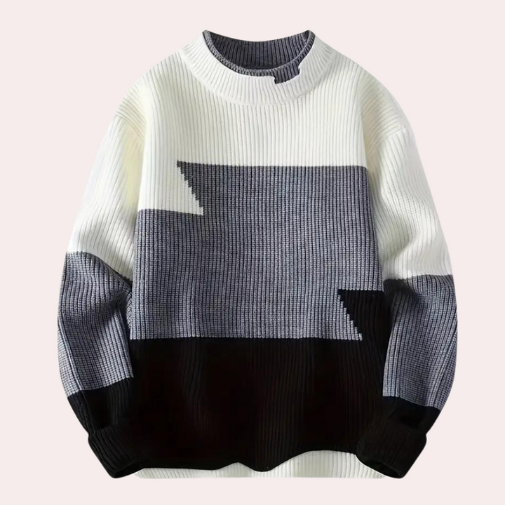 Gebreide trui met geometrisch patroon, zwart-wit-grijs, ronde hals, lange mouwen. Moderne herentrui, wintermode, casual stijl.