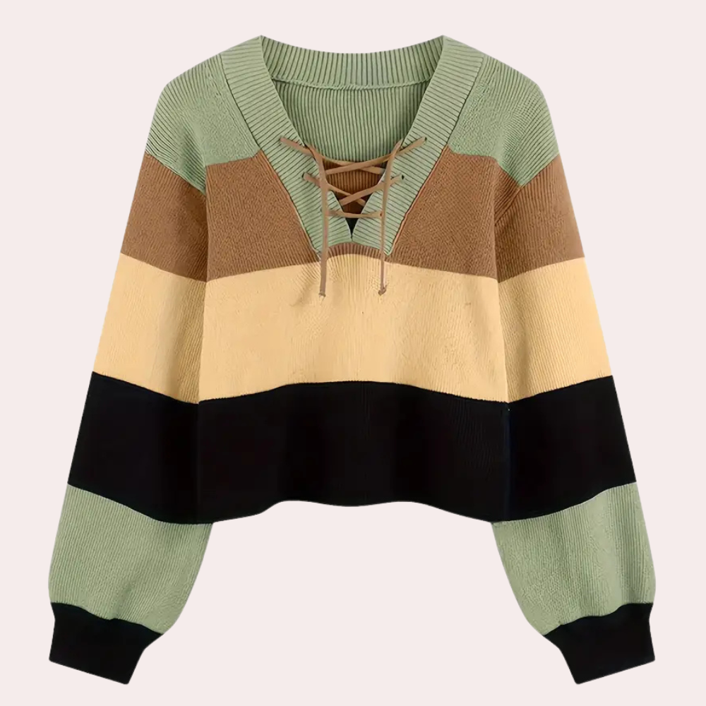 Gestreepte damestrui met V-hals en veterdetail, in groen, bruin, geel en zwart. Modieuze gebreide trui, perfect voor herfst- en wintermode.
