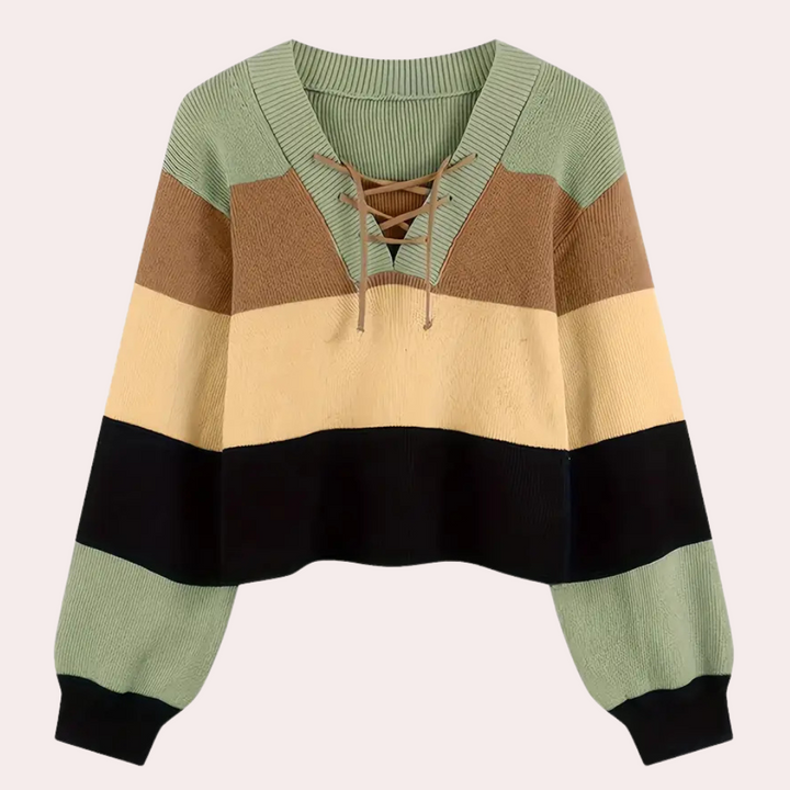 Gestreepte damestrui met V-hals en veterdetail, in groen, bruin, geel en zwart. Modieuze gebreide trui, perfect voor herfst- en wintermode.